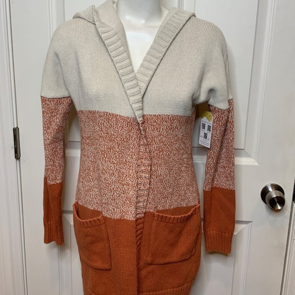 Tahari Tan & Orange Colorblock Ombre Hooded Cardigan, Size XS
